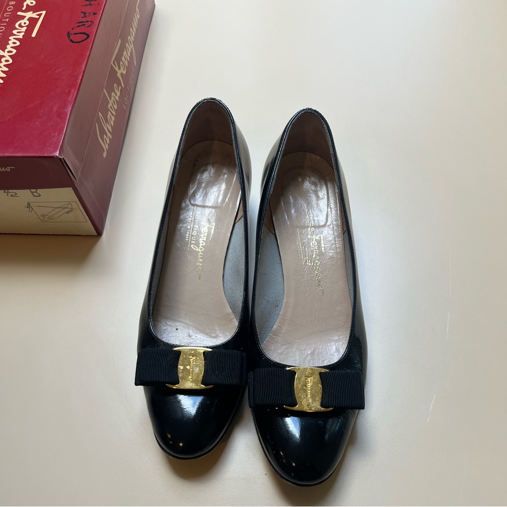 Salvatore Ferragamo Black Patent Loafers/Pumps With Gold Detail